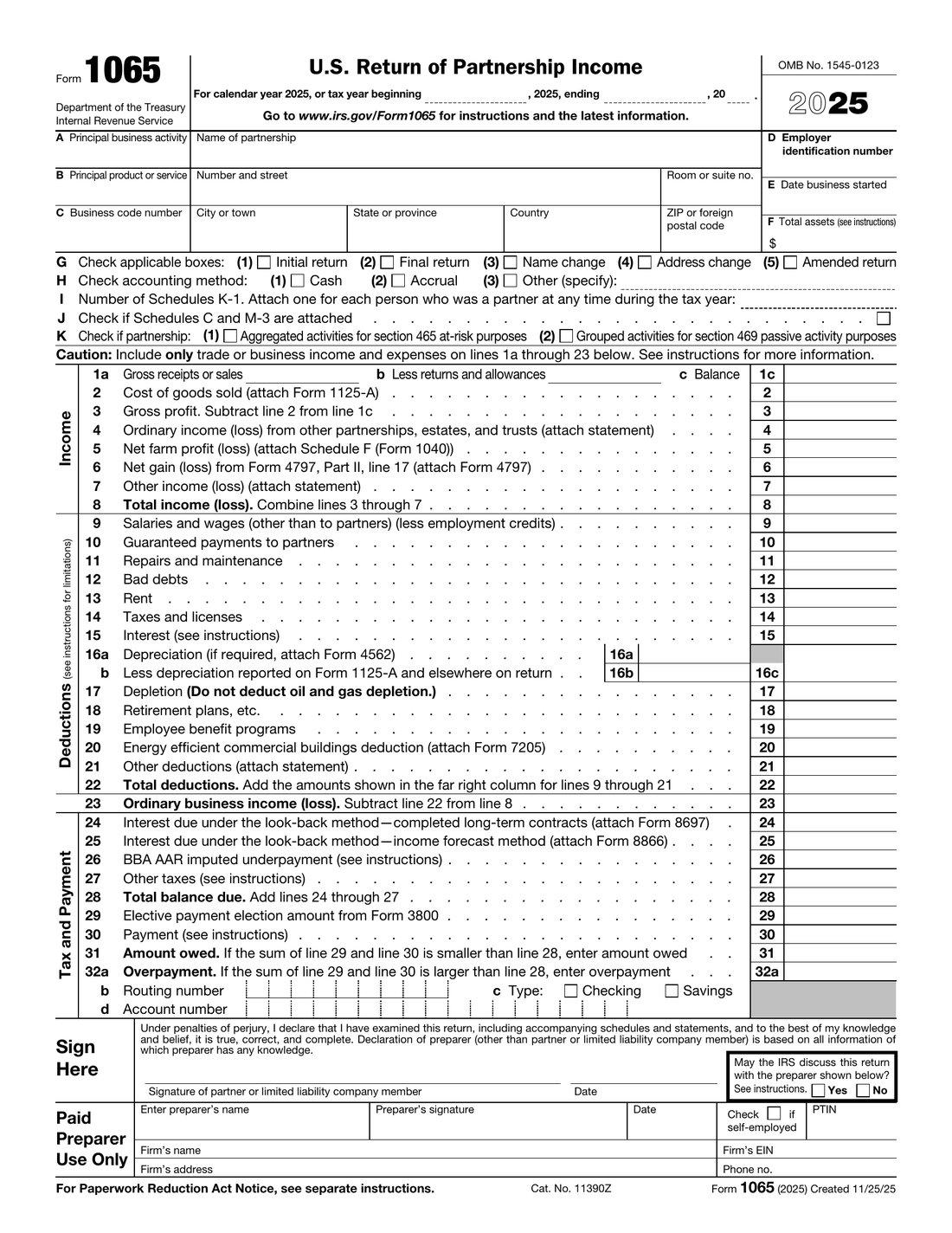 IRS Form 1065 · 세금 신고 양식 예시